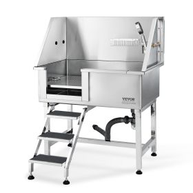 VEVOR 38" Pet Dog Bathing Station w/Ramp, Professional Stainless Steel Dog Grooming Tub w/ Storage Drawer, Floor Grate, Faucet, Dog Bathtub for L (With Stairs or Ramp: With Stairs, size: 38 inch)
